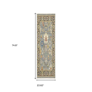 HomeRoots 6' Elegant Oriental Runner Rug in Blue, Ivory, and Red with Fringed Tassels for Hallways Blue/ Multi 2' x 6' 509346