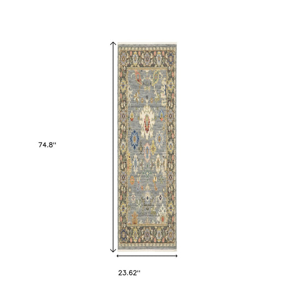 HomeRoots 6' Elegant Oriental Runner Rug in Blue, Ivory, and Red with Fringed Tassels for Hallways Blue/ Multi 2' x 6' 509346