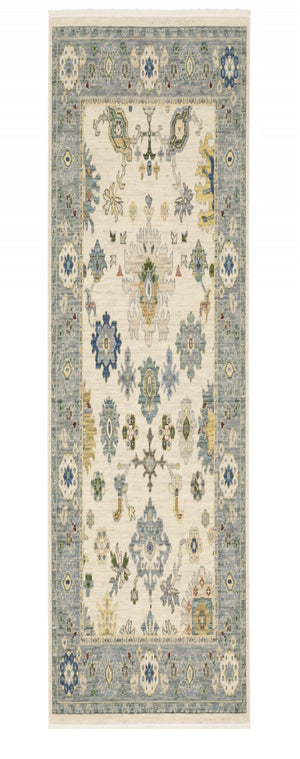 HomeRoots 6' Elegant Oriental Runner Rug in Blue, Ivory, and Red with Fringed Tassels for Hallways Ivory/ Blue 2' x 6' 509353