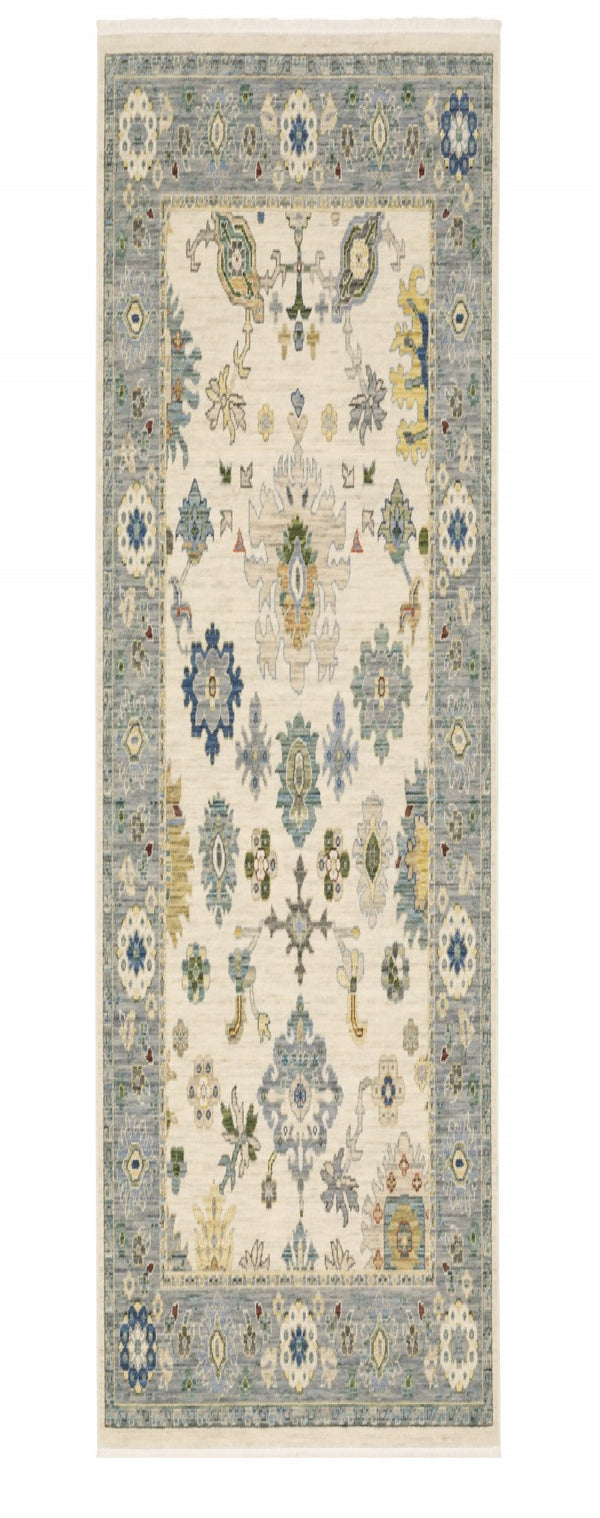 HomeRoots 6' Elegant Oriental Runner Rug in Blue, Ivory, and Red with Fringed Tassels for Hallways Ivory/ Blue 2' x 6' 509353