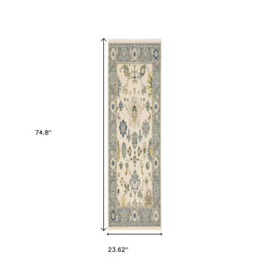 HomeRoots 6' Elegant Oriental Runner Rug in Blue, Ivory, and Red with Fringed Tassels for Hallways Ivory/ Blue 2' x 6' 509353