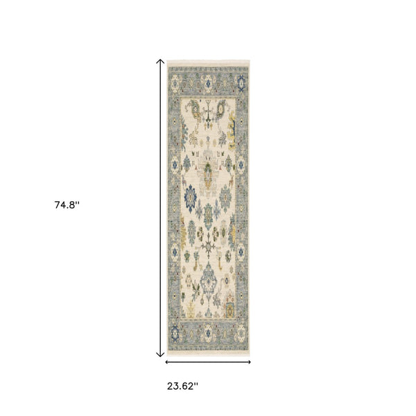 HomeRoots 6' Elegant Oriental Runner Rug in Blue, Ivory, and Red with Fringed Tassels for Hallways Ivory/ Blue 2' x 6' 509353