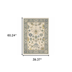 HomeRoots 6' Elegant Oriental Runner Rug in Blue, Ivory, and Red with Fringed Tassels for Hallways 3' x 5' 509354
