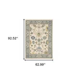 HomeRoots 6' Elegant Oriental Runner Rug in Blue, Ivory, and Red with Fringed Tassels for Hallways 5' X 8' 509355