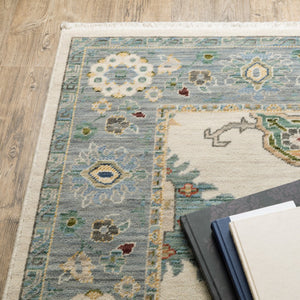 HomeRoots 6' Elegant Oriental Runner Rug in Blue, Ivory, and Red with Fringed Tassels for Hallways 5' X 8' 509355