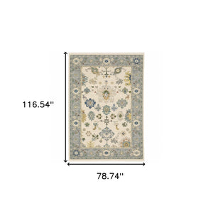HomeRoots 6' Elegant Oriental Runner Rug in Blue, Ivory, and Red with Fringed Tassels for Hallways 7' X 10' 509356