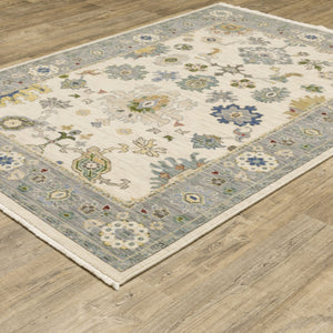 HomeRoots 6' Elegant Oriental Runner Rug in Blue, Ivory, and Red with Fringed Tassels for Hallways 7' X 10' 509356