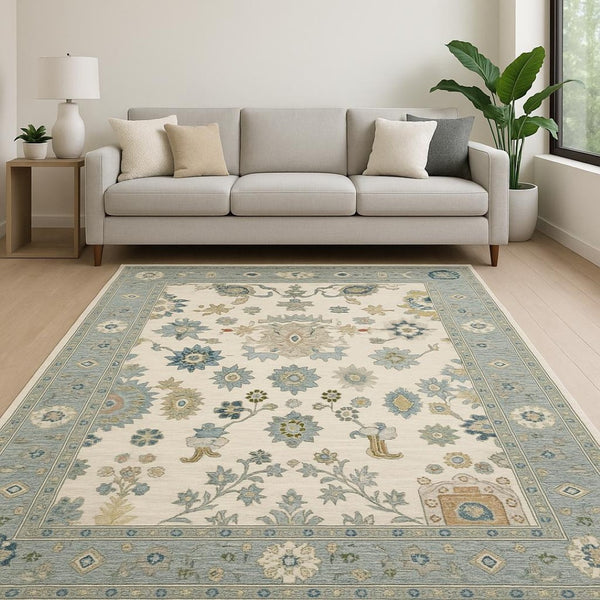 HomeRoots 6' Elegant Oriental Runner Rug in Blue, Ivory, and Red with Fringed Tassels for Hallways 7' X 10' 509356