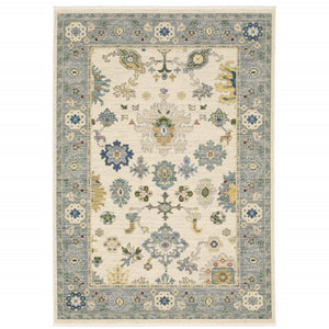 HomeRoots 6' Elegant Oriental Runner Rug in Blue, Ivory, and Red with Fringed Tassels for Hallways 8' X 11' 509357