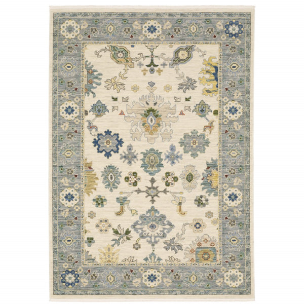 HomeRoots 6' Elegant Oriental Runner Rug in Blue, Ivory, and Red with Fringed Tassels for Hallways 10' X 13' 509358