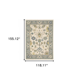 HomeRoots 6' Elegant Oriental Runner Rug in Blue, Ivory, and Red with Fringed Tassels for Hallways 10' X 13' 509358