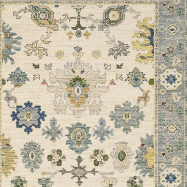 HomeRoots 6' Elegant Oriental Runner Rug in Blue, Ivory, and Red with Fringed Tassels for Hallways 10' X 13' 509358