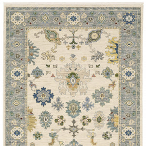 HomeRoots 6' Elegant Oriental Runner Rug in Blue, Ivory, and Red with Fringed Tassels for Hallways 10' X 13' 509358