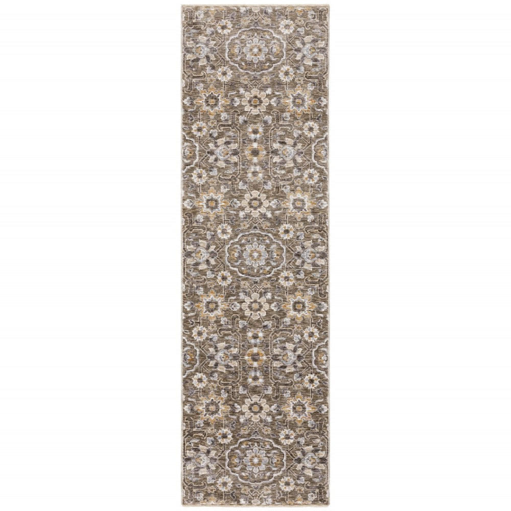HomeRoots 2' Grey and Tan Floral Power Loom Runner Rug with Fringe - Stain Resistant, Elegant Hallway Decor 2'3" x 7'6" 509359