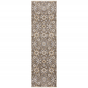 HomeRoots 2' Grey and Tan Floral Power Loom Runner Rug with Fringe - Stain Resistant, Elegant Hallway Decor 2'3" x 7'6" 509359