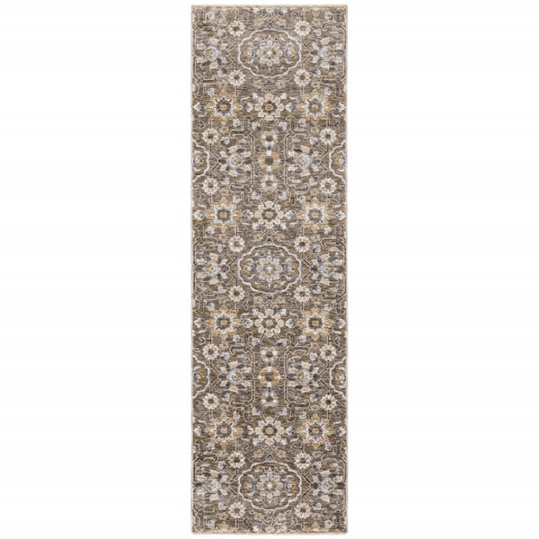 HomeRoots 2' Grey and Tan Floral Power Loom Runner Rug with Fringe - Stain Resistant, Elegant Hallway Decor 2'3" x 7'6" 509359