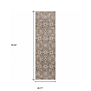 HomeRoots 2' Grey and Tan Floral Power Loom Runner Rug with Fringe - Stain Resistant, Elegant Hallway Decor 2'3" x 7'6" 509359