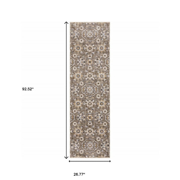 HomeRoots 2' Grey and Tan Floral Power Loom Runner Rug with Fringe - Stain Resistant, Elegant Hallway Decor 2'3" x 7'6" 509359