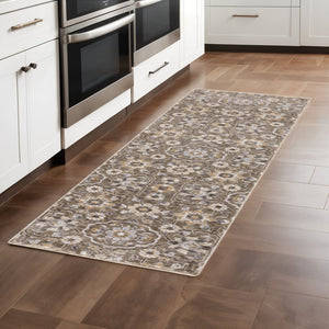 HomeRoots 2' Grey and Tan Floral Power Loom Runner Rug with Fringe - Stain Resistant, Elegant Hallway Decor 2'3" x 7'6" 509359