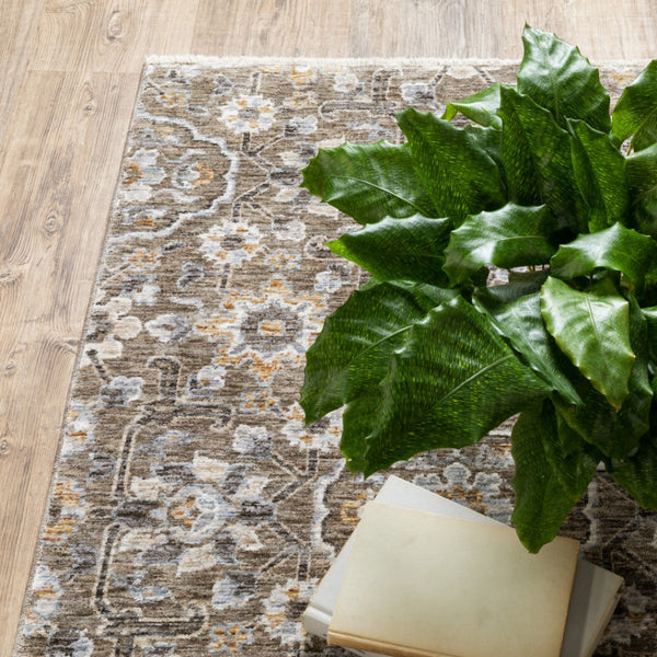 HomeRoots 2' Grey and Tan Floral Power Loom Runner Rug with Fringe - Stain Resistant, Elegant Hallway Decor 2'3" x 7'6" 509359