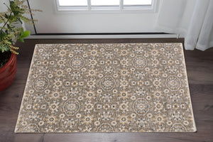 HomeRoots 2' Grey and Tan Floral Power Loom Runner Rug with Fringe - Stain Resistant, Elegant Hallway Decor 3' x 5' 509361
