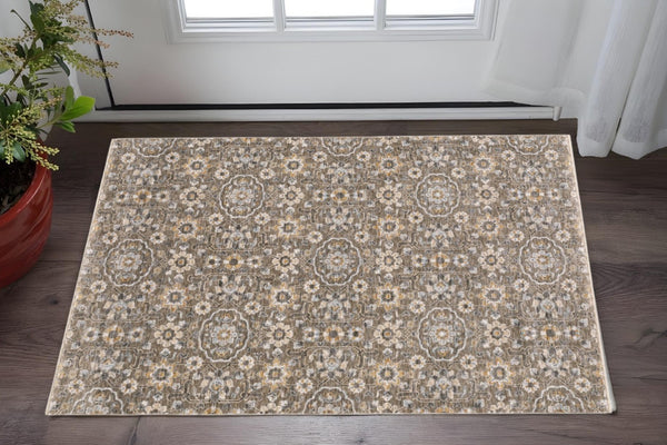 HomeRoots 2' Grey and Tan Floral Power Loom Runner Rug with Fringe - Stain Resistant, Elegant Hallway Decor 3' x 5' 509361