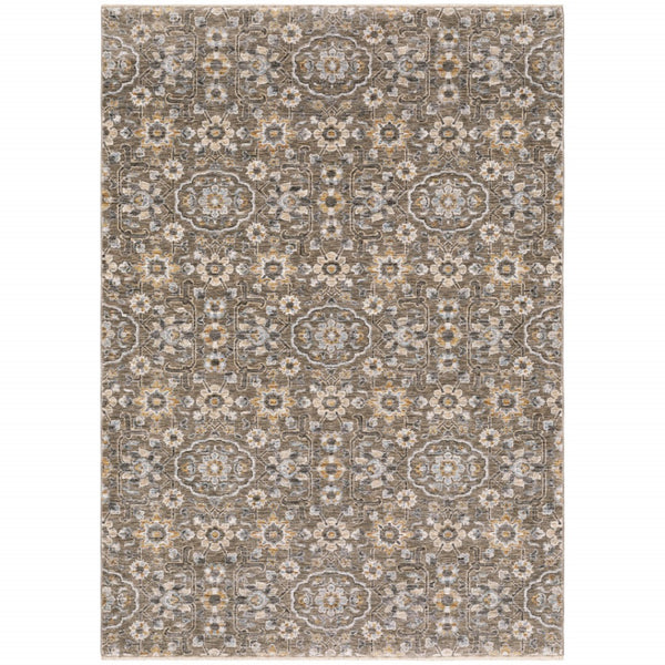 HomeRoots 2' Grey and Tan Floral Power Loom Runner Rug with Fringe - Stain Resistant, Elegant Hallway Decor 5' X 8' 509362