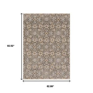 HomeRoots 2' Grey and Tan Floral Power Loom Runner Rug with Fringe - Stain Resistant, Elegant Hallway Decor 5' X 8' 509362