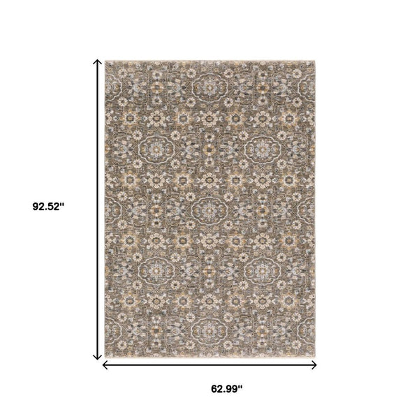 HomeRoots 2' Grey and Tan Floral Power Loom Runner Rug with Fringe - Stain Resistant, Elegant Hallway Decor 5' X 8' 509362