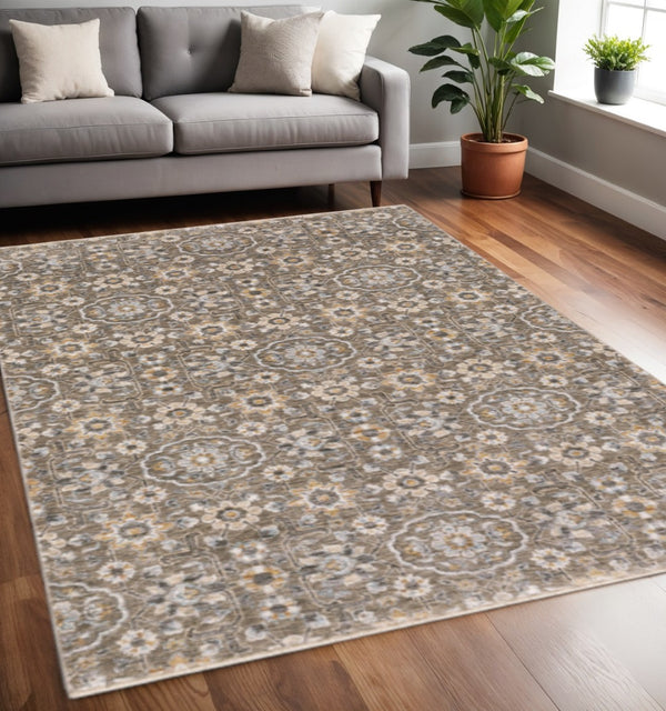 HomeRoots 2' Grey and Tan Floral Power Loom Runner Rug with Fringe - Stain Resistant, Elegant Hallway Decor 5' X 8' 509362