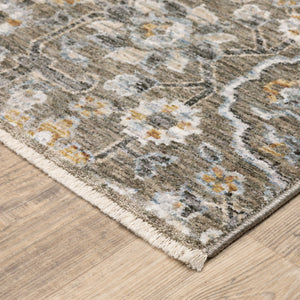 HomeRoots 2' Grey and Tan Floral Power Loom Runner Rug with Fringe - Stain Resistant, Elegant Hallway Decor 7' X 10' 509363