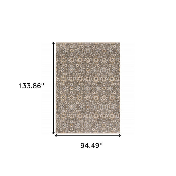 HomeRoots 2' Grey and Tan Floral Power Loom Runner Rug with Fringe - Stain Resistant, Elegant Hallway Decor 8' X 11' 509364