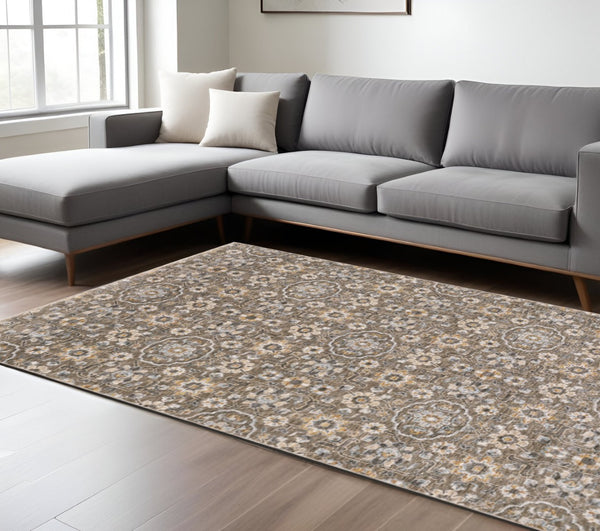 HomeRoots 2' Grey and Tan Floral Power Loom Runner Rug with Fringe - Stain Resistant, Elegant Hallway Decor 8' X 11' 509364