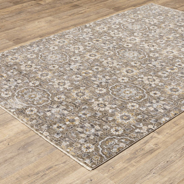 HomeRoots 2' Grey and Tan Floral Power Loom Runner Rug with Fringe - Stain Resistant, Elegant Hallway Decor 8' X 11' 509364