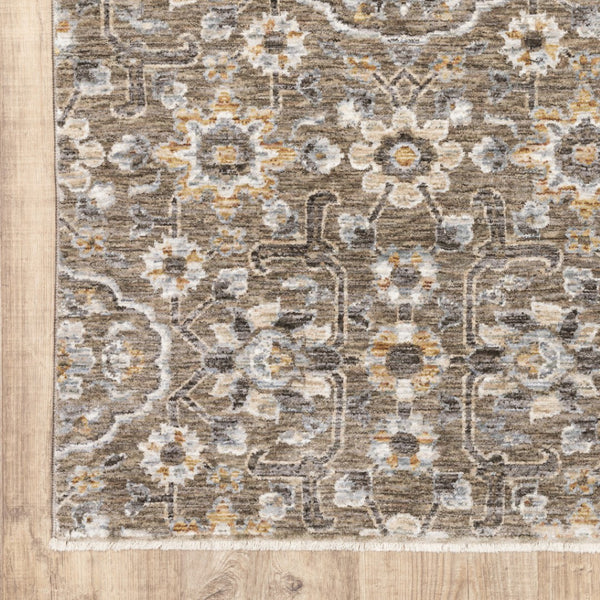 HomeRoots 2' Grey and Tan Floral Power Loom Runner Rug with Fringe - Stain Resistant, Elegant Hallway Decor 8' X 11' 509364