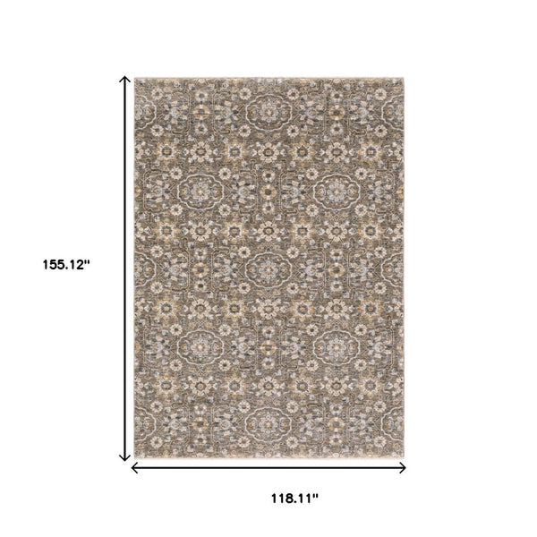 HomeRoots 2' Grey and Tan Floral Power Loom Runner Rug with Fringe - Stain Resistant, Elegant Hallway Decor 10' X 13' 509365