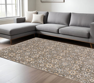 HomeRoots 2' Grey and Tan Floral Power Loom Runner Rug with Fringe - Stain Resistant, Elegant Hallway Decor 10' X 13' 509365