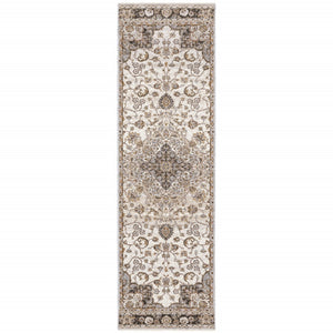 HomeRoots 2' Elegant Ivory and Blue Oriental Runner Rug - Stain Resistant, Durable, and Timeless Design 2'3" x 7'6" 509366