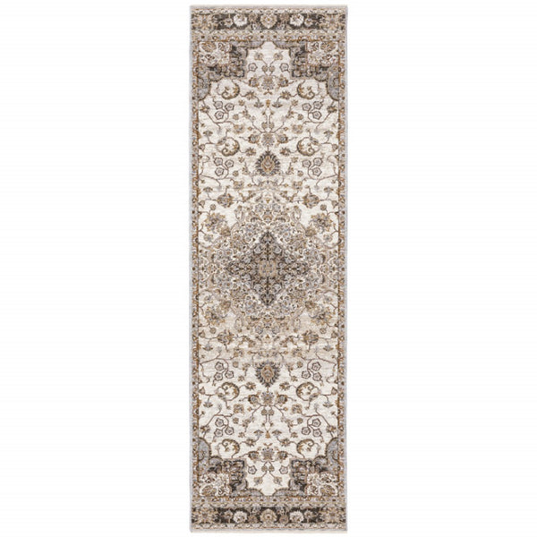 HomeRoots 2' Elegant Ivory and Blue Oriental Runner Rug - Stain Resistant, Durable, and Timeless Design 2'3" x 7'6" 509366