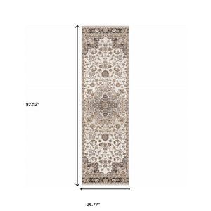 HomeRoots 2' Elegant Ivory and Blue Oriental Runner Rug - Stain Resistant, Durable, and Timeless Design 2'3" x 7'6" 509366
