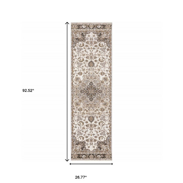 HomeRoots 2' Elegant Ivory and Blue Oriental Runner Rug - Stain Resistant, Durable, and Timeless Design 2'3" x 7'6" 509366
