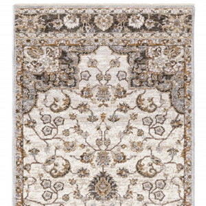 HomeRoots 2' Elegant Ivory and Blue Oriental Runner Rug - Stain Resistant, Durable, and Timeless Design 2'3" x 7'6" 509366