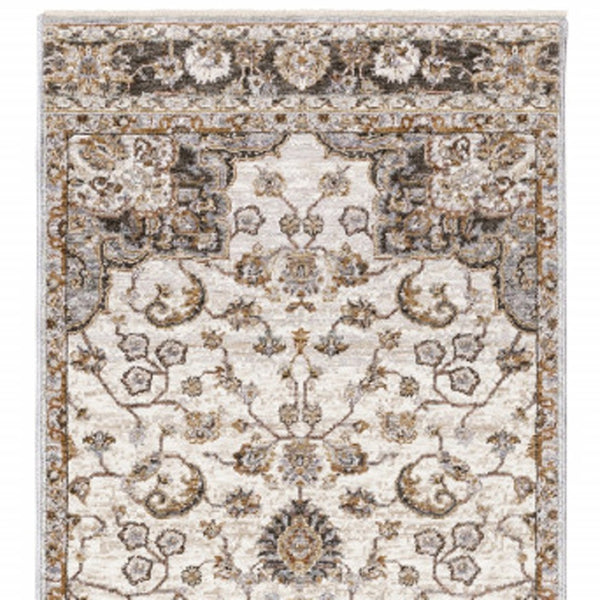 HomeRoots 2' Elegant Ivory and Blue Oriental Runner Rug - Stain Resistant, Durable, and Timeless Design 2'3" x 7'6" 509366