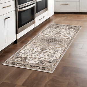 HomeRoots 2' Elegant Ivory and Blue Oriental Runner Rug - Stain Resistant, Durable, and Timeless Design 2'3" x 7'6" 509366