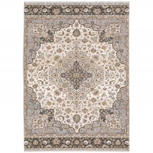 HomeRoots 2' Elegant Ivory and Blue Oriental Runner Rug - Stain Resistant, Durable, and Timeless Design 3' x 5' 509368