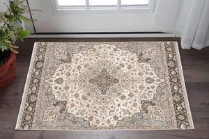 HomeRoots 2' Elegant Ivory and Blue Oriental Runner Rug - Stain Resistant, Durable, and Timeless Design 3' x 5' 509368
