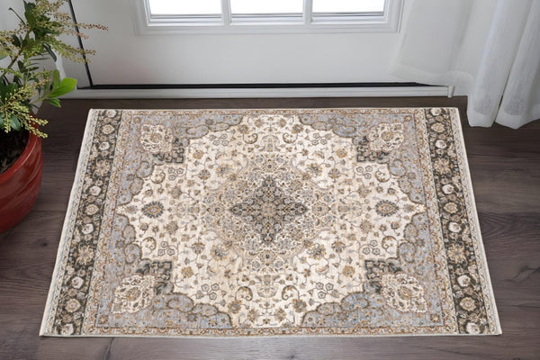 HomeRoots 2' Elegant Ivory and Blue Oriental Runner Rug - Stain Resistant, Durable, and Timeless Design 3' x 5' 509368