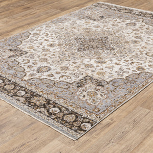 HomeRoots 2' Elegant Ivory and Blue Oriental Runner Rug - Stain Resistant, Durable, and Timeless Design 3' x 5' 509368