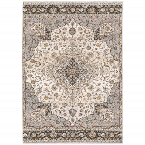 HomeRoots 2' Elegant Ivory and Blue Oriental Runner Rug - Stain Resistant, Durable, and Timeless Design 5' X 8' 509369