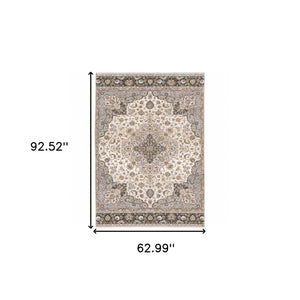 HomeRoots 2' Elegant Ivory and Blue Oriental Runner Rug - Stain Resistant, Durable, and Timeless Design 5' X 8' 509369